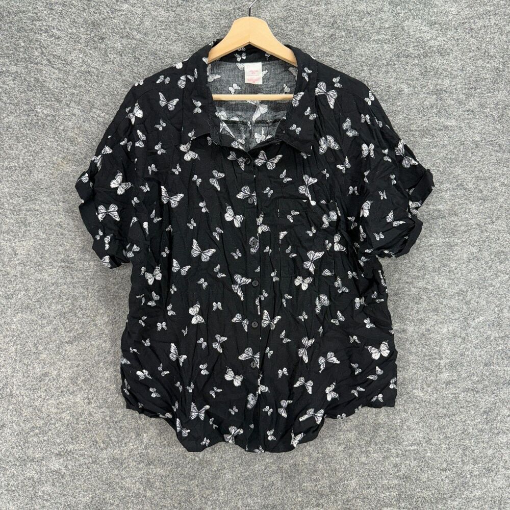 Nobo Shirt Women 3XL Black Butterfly Print Button Up Collared Short Sleeve